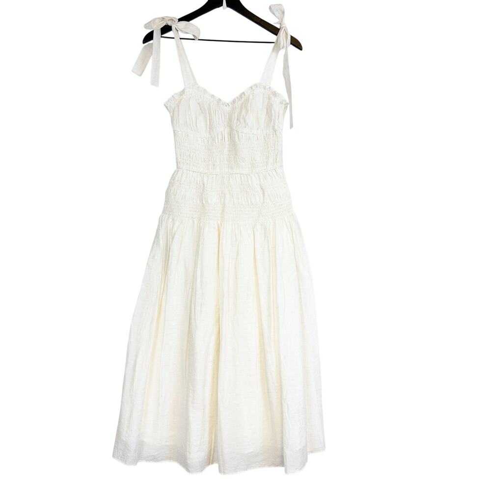 Moon River Tie Strap Shirred Midi Dress White Sweetheart Neckline - S